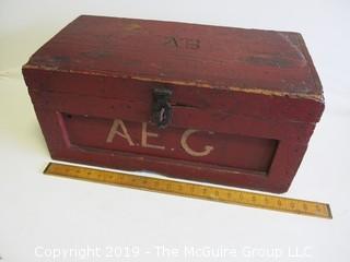 Vintage handmade wooden tool box with locking hasp and end handles