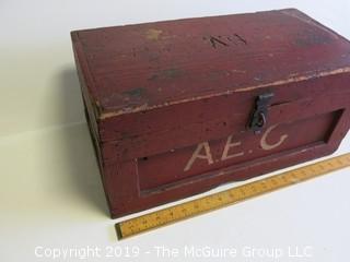 Vintage handmade wooden tool box with locking hasp and end handles