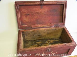 Vintage handmade wooden tool box with locking hasp and end handles