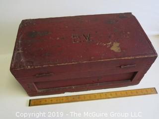 Vintage handmade wooden tool box with locking hasp and end handles