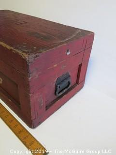 Vintage handmade wooden tool box with locking hasp and end handles