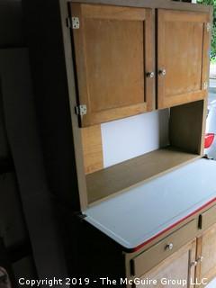 2 piece vintage stepped back kitchen cabinet with enameled top; bottom 25 x 40 x 32"T; top 12"D x 40" x 36"T