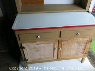 2 piece vintage stepped back kitchen cabinet with enameled top; bottom 25 x 40 x 32"T; top 12"D x 40" x 36"T