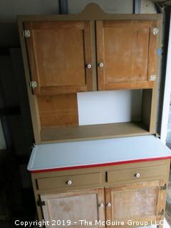 2 piece vintage stepped back kitchen cabinet with enameled top; bottom 25 x 40 x 32"T; top 12"D x 40" x 36"T