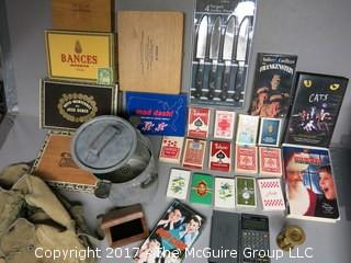 Collection including playing cards, cigar boxes, fishing tackle, keepsake box, Army backpack, NIB knife set and SHARP calculator