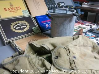 Collection including playing cards, cigar boxes, fishing tackle, keepsake box, Army backpack, NIB knife set and SHARP calculator