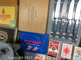 Collection including playing cards, cigar boxes, fishing tackle, keepsake box, Army backpack, NIB knife set and SHARP calculator