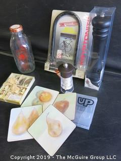 Collection including NOS Bike Lock, salt and pepper grinders, set of cheese knives, coasters, and Sherman Farm milk bottle