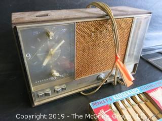 Collection including milk bottle, NJ license plates, wooden dumbell, (3) sofa fountain ice cream sundae glasses, kitchen grater and Zenith Radio