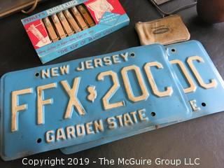 Collection including milk bottle, NJ license plates, wooden dumbell, (3) sofa fountain ice cream sundae glasses, kitchen grater and Zenith Radio