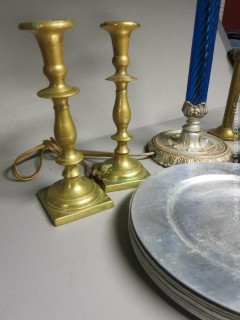 Collection including table lamp, assorted candlesticks, cloisonne enameled vase and a set of 8 Wendell August Forge chargers 