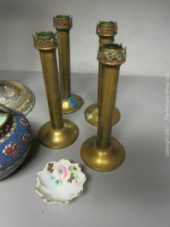 Collection including table lamp, assorted candlesticks, cloisonne enameled vase and a set of 8 Wendell August Forge chargers 