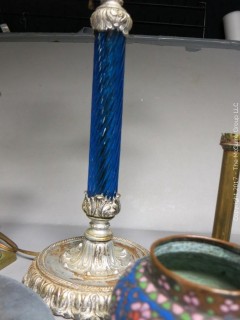 Collection including table lamp, assorted candlesticks, cloisonne enameled vase and a set of 8 Wendell August Forge chargers 