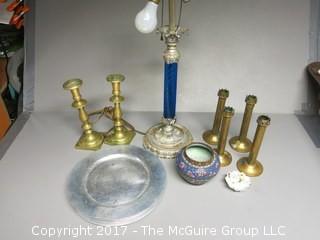 Collection including table lamp, assorted candlesticks, cloisonne enameled vase and a set of 8 Wendell August Forge chargers 