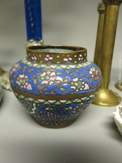 Collection including table lamp, assorted candlesticks, cloisonne enameled vase and a set of 8 Wendell August Forge chargers 