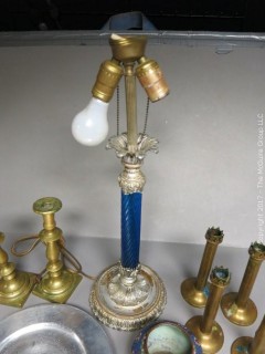 Collection including table lamp, assorted candlesticks, cloisonne enameled vase and a set of 8 Wendell August Forge chargers 