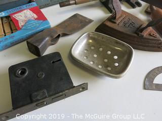 Collection of old tools including toolbox, arbor, (2) hand drills, hatchet blade, flat iron and NIB clothespins  