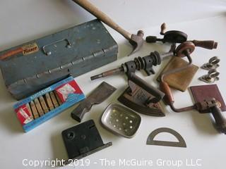 Collection of old tools including toolbox, arbor, (2) hand drills, hatchet blade, flat iron and NIB clothespins  