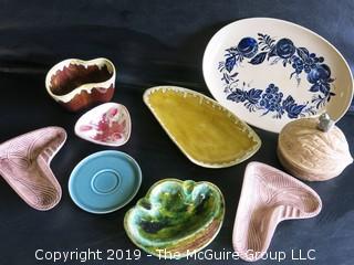 Collection of handmade art pottery including handpainted oval platter signed on base; "High Fire Stoneware"; 1964