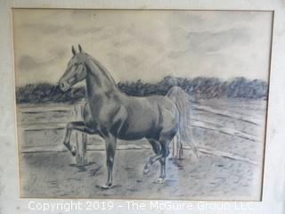 "Horse Frolicking"; charcoal, framed under glass; original work of art; outside dimensions 17 1/2 x 21 1/2" 