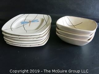 (6) ceramic plates and (3) bowls; hand painted; made in Italy for Cardinal Inc. 