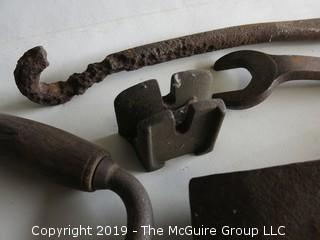 Collection of Early hand Tools including cast iron lawn sprinkler