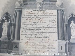 Framed Masonic Certificate; outside dimensions 151/2 x 18 1/2"