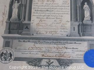 Framed Masonic Certificate; outside dimensions 151/2 x 18 1/2"