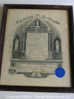 Framed Masonic Certificate; outside dimensions 151/2 x 18 1/2"