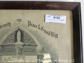 Framed Masonic Certificate; outside dimensions 151/2 x 18 1/2"