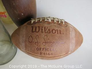 Collection including wooden duck pin, oversized wine bottle, "O.J. Simpson" branded football and (2) Dunkin Donuts Carafes