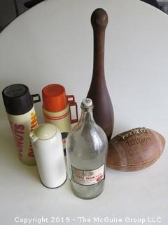 Collection including wooden duck pin, oversized wine bottle, "O.J. Simpson" branded football and (2) Dunkin Donuts Carafes