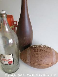 Collection including wooden duck pin, oversized wine bottle, "O.J. Simpson" branded football and (2) Dunkin Donuts Carafes