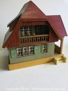 19th c hand built doll house as well as the furniture and (3) porcelain baby dolls with original clothes  