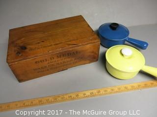 Collection including vintage wooden stenciled box and 2 enameled cast iron covered baking pots