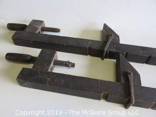 Pair of 36" Early Wooden clamps (missing part that screws into handles)