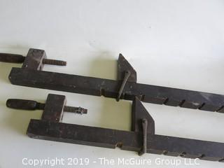 Pair of 36" Early Wooden clamps (missing part that screws into handles)