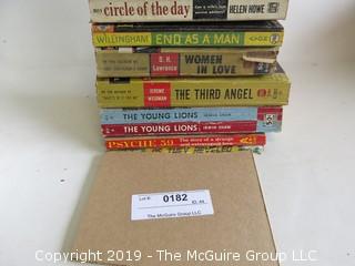 Collection of books including authors Harold Robbins, Helen Howe, Willingham, D. H. Lawrence, Jerome Weidman, Irwin Shaw and Wylie