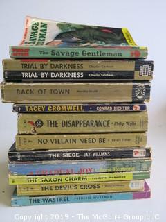 Collection of books including authors Philip Wylie, Charles Gorham, Maritta Wolff, Conrad Richter, Vardis Fisher, Jay Williams, Alma Routsong, Frederic WAkeman and Walter O'Megro