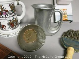 Collection including vintage straight razor and blades, wooden wall handing shelf, stein made in West Germany, pewter mug and primitive brush 