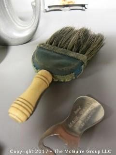 Collection including vintage straight razor and blades, wooden wall handing shelf, stein made in West Germany, pewter mug and primitive brush 