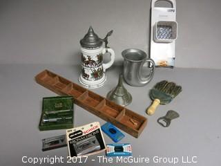 Collection including vintage straight razor and blades, wooden wall handing shelf, stein made in West Germany, pewter mug and primitive brush 