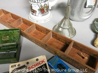 Collection including vintage straight razor and blades, wooden wall handing shelf, stein made in West Germany, pewter mug and primitive brush 