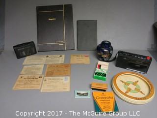 Collection including M-C Esquire bound magazine, baby plate, WWII ration books, battery operated electronics, etc. 