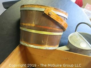 Collection includes 1 bushel wooden Snookum Crate, galvanized watering can (missing spout) and wooden bucket