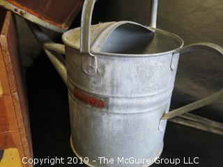 Collection includes 1 bushel wooden Snookum Crate, galvanized watering can (missing spout) and wooden bucket