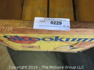 Collection includes 1 bushel wooden Snookum Crate, galvanized watering can (missing spout) and wooden bucket