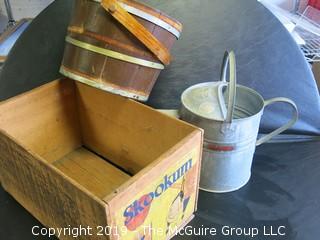 Collection includes 1 bushel wooden Snookum Crate, galvanized watering can (missing spout) and wooden bucket