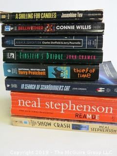 Collection of books including authors Josephine Tey, Connnie Willis, Terry Pratchett, John Gribbin, John Cramer and Neal Stephenson   