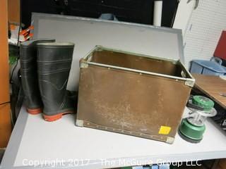 Storage container, men's rubber boots (size 9) and Rayovac lantern (takes D batteries)